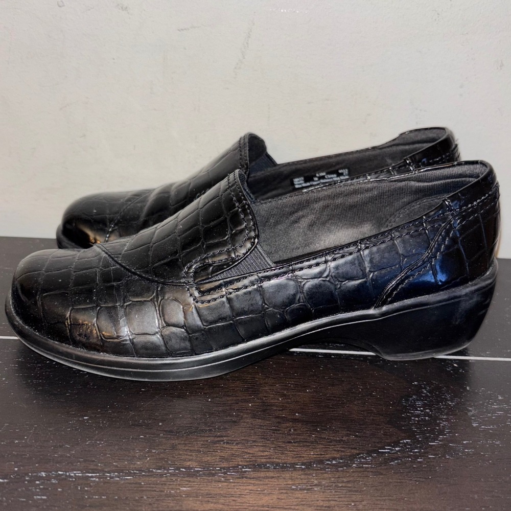 Clarks Bendables | Womens 6.5 | Black Croc Embossed | Faux Leather‎ | Slip On